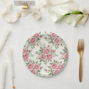 Vintage Pink Watercolor Roses Floral Seamless Paper Plate