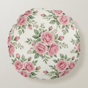 Vintage Pink Watercolor Roses Floral Seamless Round Cushion