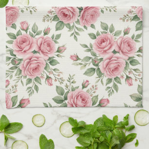 Vintage Pink Watercolor Roses Floral Seamless Tea Towel