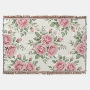 Vintage Pink Watercolor Roses Floral Seamless Throw Blanket