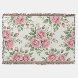 Vintage Pink Watercolor Roses Floral Seamless Throw Blanket