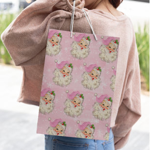 Vintage Pink Watercolor Santa Retro   Large Gift Bag