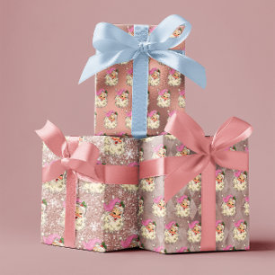 Vintage Pink Watercolor Santa Retro    Wrapping Paper Sheet