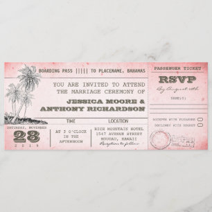 vintage pink wedding boarding pass with palms invitation