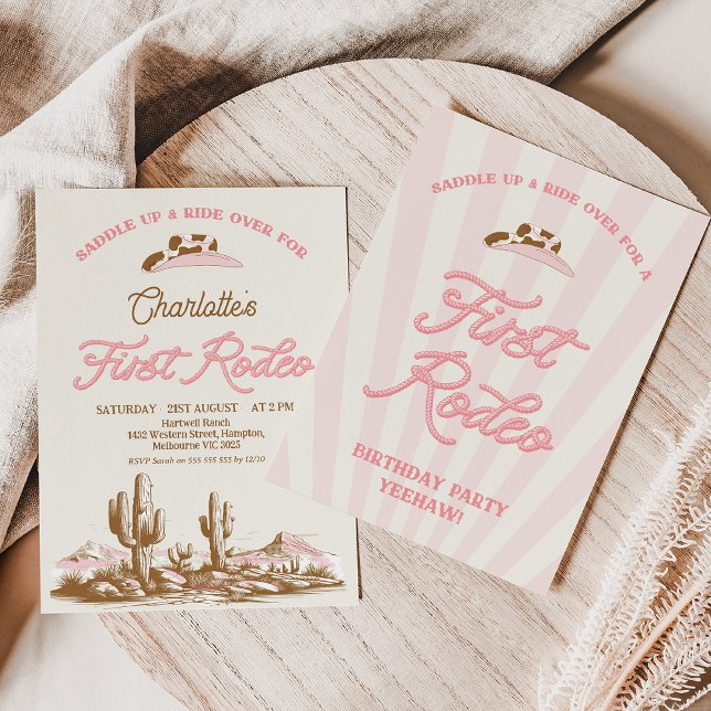 Vintage Pink Western First Rodeo 1st Birthday Invitation (Girls First Rodeo 1st Birthday Invitation, My First Rodeo Cowgirl Southwestern Ranch Wild West)