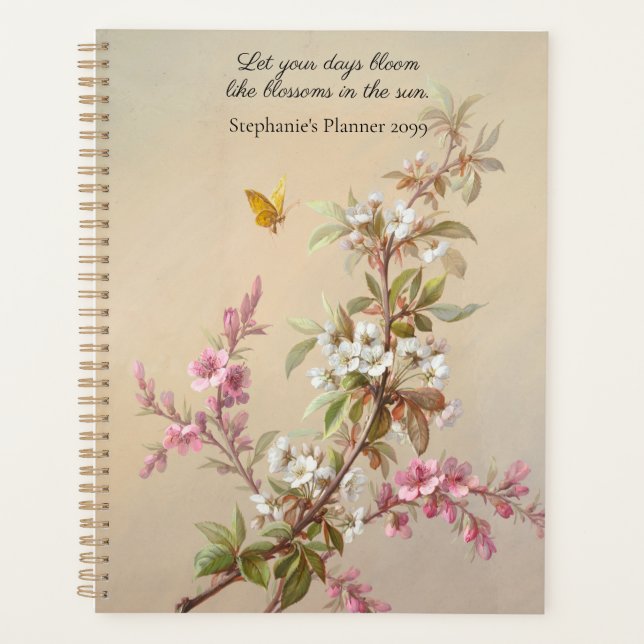 Vintage Pink White Blossom Butterfly Quote Planner (Front)