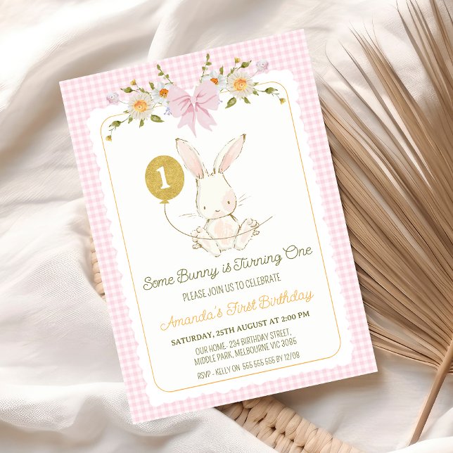 Vintage Pink White Bunny Rabbit 1st Birthday Invitation (Some Bunny 1st Birthday Invitation Wildflowers Bow, Bunny Themed Birthday Invitation for Girl)