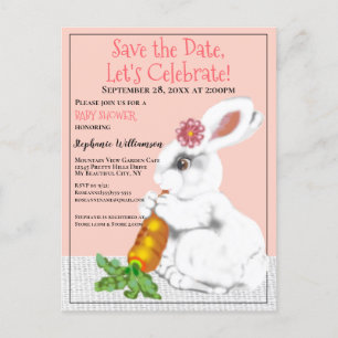 Vintage Pink White Bunny Save the Date Baby Shower Announcement Postcard
