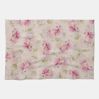 Vintage pink white green roses flowers pattern tea towel