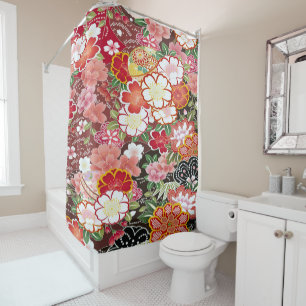 Vintage Pink White Japanese Kimono Floral Flower Shower Curtain