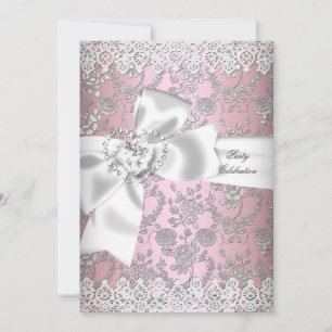 Vintage Pink White Lace Damask Floral 3 Invitation