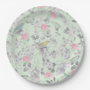 Vintage Pink White Mint Bird Floral Collage Paper Plate