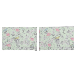 Vintage Pink White Mint Bird Floral Collage Pillowcase