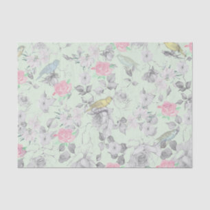 Vintage Pink White Mint Bird Floral Collage Tissue Paper