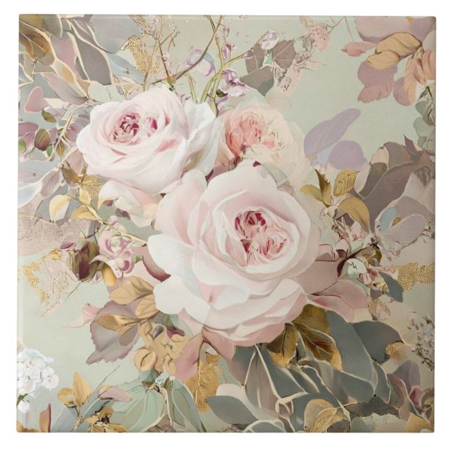 Vintage Pink/ White Roses Tile (Front)