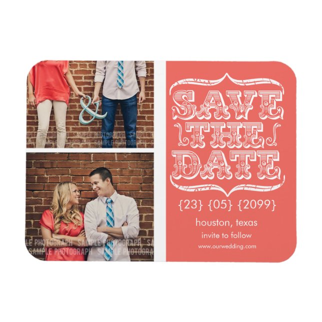 Vintage Pink & White Save the Date Photo Magnet (Horizontal)