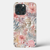 Vintage Pink Wildflower Floral Watercolor Monogram