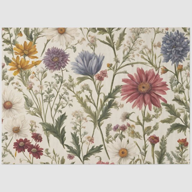 Vintage Pink Wildflower Greenery Decoupage  Tissue Paper (Front)