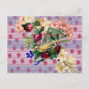 Vintage Pink Wood Yellow Bird Colourful Floral Postcard