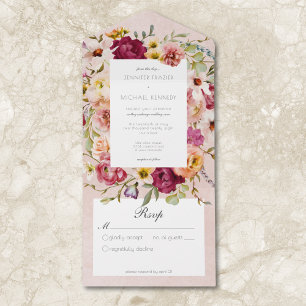 Vintage Pink Yellow Floral Pink Wedding No Dinner All In One Invitation