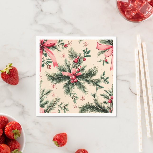 Vintage Pinkmas Branches Bows & Berries Decoupage Napkin (Insitu)