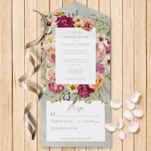 Vintage Pinks & Yellow Floral on Sage No Dinner   All In One Invitation