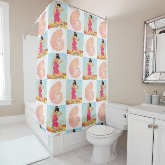 Vintage Pinup Girl and Sea Shells Shower Curtain