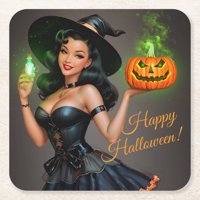 Vintage Pinup Halloween Paper Coaster (Front)
