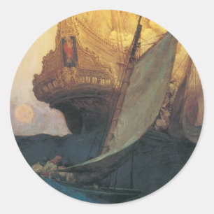 Vintage Pirate, Attack on a Galleon by Howard Pyle Classic Round Sticker