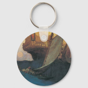 Vintage Pirate, Attack on a Galleon by Howard Pyle Key Ring