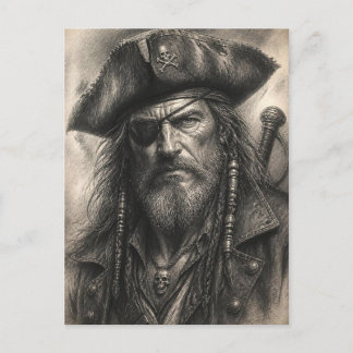Vintage Pirate Captain Pencil Sketch Fantasy Art Postcard