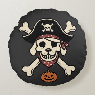 Vintage Pirate Dog Halloween Skull Cross Bones Round Cushion