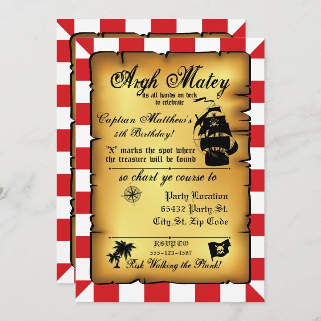 Vintage Pirate Party, Birthday Invitation. Invitation (Front/Back)