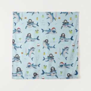 Vintage pirate shark funny sea animal wild hand dr tapestry