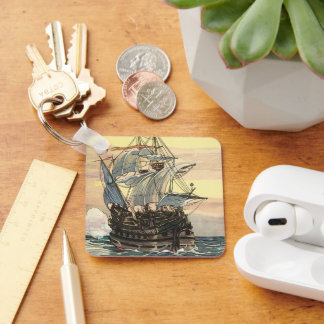 Vintage Pirate Ship, Galleon Sailing on the Ocean Key Ring