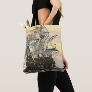 Vintage Pirate Ship, Galleon Sailing on the Ocean Tote Bag