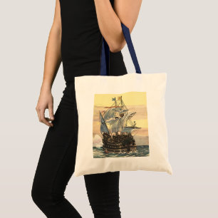 Vintage Pirate Ship, Galleon Sailing on the Ocean Tote Bag