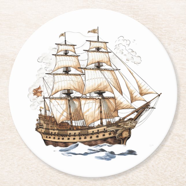 Vintage Pirate Ship Round Paper Coaster (Front)