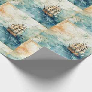 Vintage Pirate Ship with Old Map Illustrated Wrapping Paper