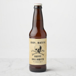 Vintage Pirate Skull & Bones Halloween Beer Bottle Label