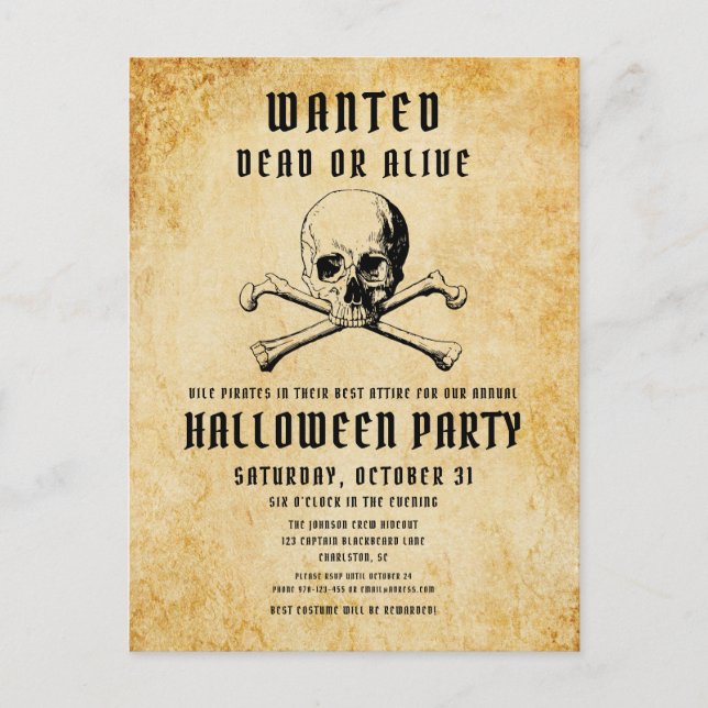 Vintage Pirate Skull & Bones Halloween Invitation Postcard (Front)