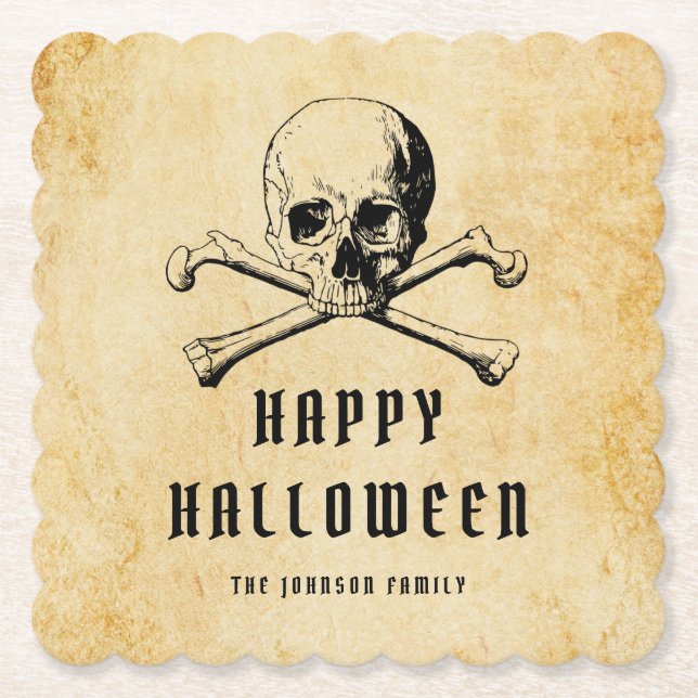 Vintage Pirate Skull & Bones Halloween Paper Coaster (Front)