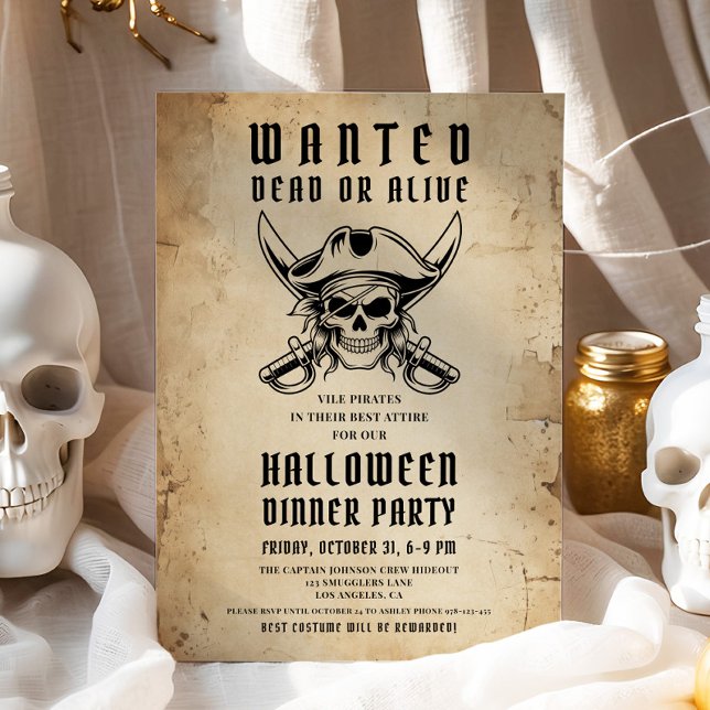 Vintage Pirate Skull Halloween Dinner Party  Invitation (Vintage Pirate Skull Halloween Dinner Party Invitation)