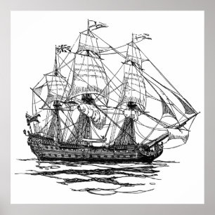 Vintage Pirates Galleon, Sketch of a 74 Gun Ship Poster