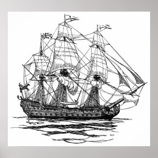 Vintage Pirates Galleon, Sketch of a 74 Gun Ship Poster