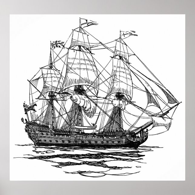 Vintage Pirates Galleon, Sketch of a 74 Gun Ship Poster (Front)
