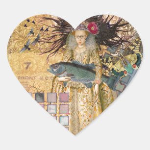 Vintage Pisces Fish Woman Gothic Classic  Heart Sticker