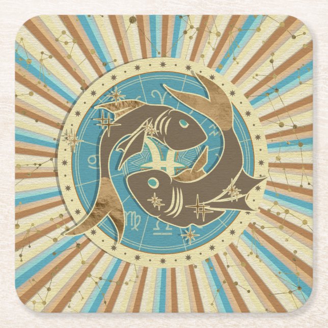 Vintage Pisces Zodiac Art Square Paper Coaster (Front)