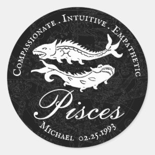 Vintage Pisces Zodiac Trait Astrology Black Custom Classic Round Sticker