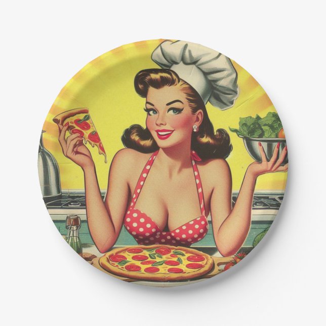 Vintage Pizza Girl Paper Plate (Front)